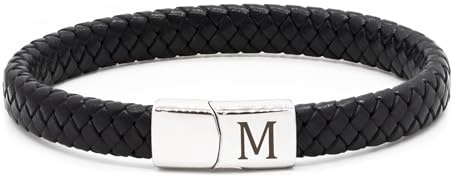 HAYOUWAY Mens Leather Bracelet with Initials Letter A-Z Bracelets for Women, Black Braided Leather Bracelet with Engraved Stainless Steel Magnetic Clasp Jewelry Gifts for Men Boys