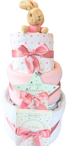 Flopsy Bunny Baby Gift Welcome to The World Baby Girl Gift & New Parents Gift for a New Born Baby Girl Pink 3 Tier Nappy Cake