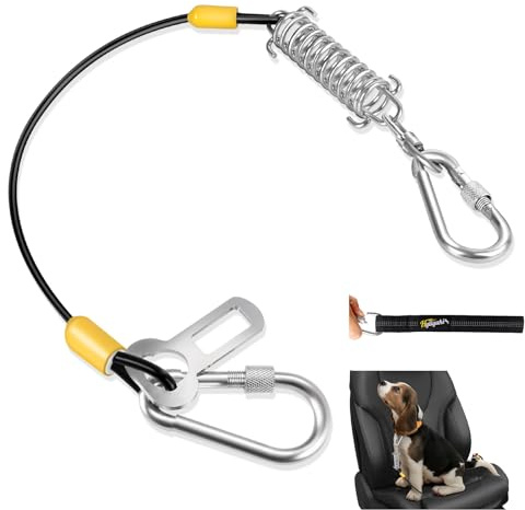 Dog Seat Belt Harness for Car, 5-in-1 Coated Wire Dog Seatbelt, HYLIYAKI Shock Spring-Loaded No Chew Pet Dog Car Seatbelt Leash, with Removable Reflective Short Leash(Black, 24 inch/60 CM)