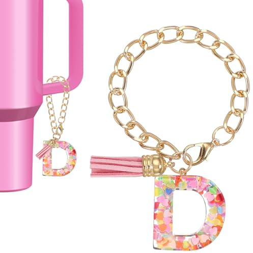 PATIKIL Bokstavsberlock för Stanley Cup, söt initial D berlock tillbehör för Stanley tumbler handtag nyckelring personlig charm för kvinnor, rosa