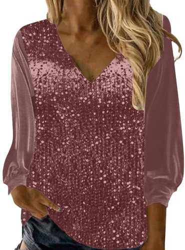 Haut à paillettes brillant à col en V pour femme, chemise élégante à manches longues à paillettes, version ample de la chemise à paillettes Hauts Grande Taille Pour Femmes Habillées Décontractées