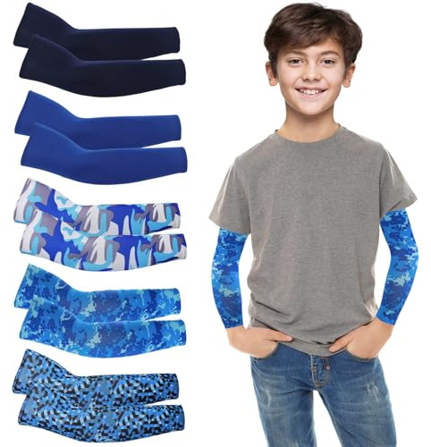 YEAMLTE Manicotti Pallavolo, 5 PCS Bambini Manicotti, Protezione Sunblock Manica Braccio, per Sport All'aria Aperta per Bambini e Adolescenti (blu, 8-10 anni)