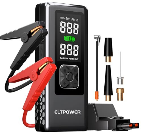 ELTPOWER Jump Starter Power Pack with 145PSI Air Compressor,12V Portable Car Battery Jump Starter Booster (7.0L Petrol/4.5L Diesel),Car Starter Power Bank with Jump Leads,LCD Screen,Emergency Light