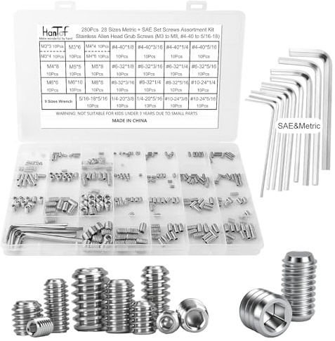 HanTof 280 Pcs 28 Sizes Set Screw Assortment Kit, Metric & SAE Allen Grub Screws for Bathroom Fixture 304 Stainless Steel Internal Hex Drive Cup-Point for Door Knob, Faucets (M3-M8, #4-40 to 5/16-18)