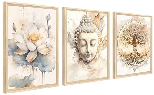 3 st målningar med träram, modern bild, livets träd, Buddha, dekoration, buddhism, zen, lotusblomma, beige målning, dekorativa bilder för vardagsrum, sovrum, badrum, 40 x 60 cm x 3 (utan plexiglas)