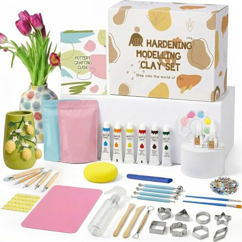 YOZAIUUI 48Pcs Air Dry Clay for Adults: Pottery Painting Kit with 10 Acrylic Paints Tools Brushes Guide Palette Pottery Kit for Creative Projects & DIY