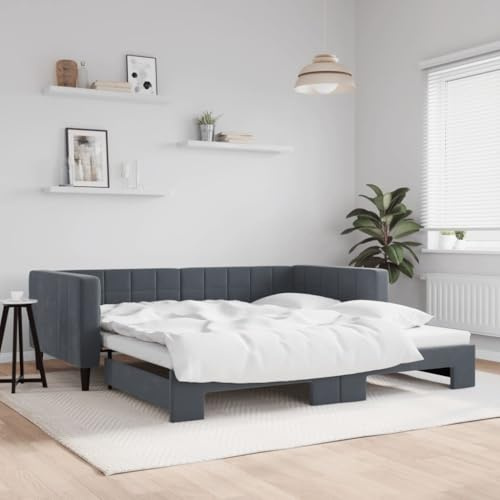 Hoopleep Utdragbar dagsäng, mörkgrå, 100 x 200 cm, sammetstoppning, 2-i-1 bäddsoffa med rulllåda, robust trämetallram, mångsidig plattformssäng för vardagsrum och sovrum