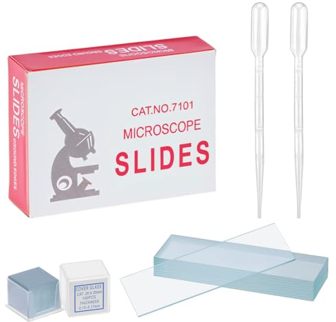 QWORK 50X förrengjort mikroskop objekthållare (76 x 25) & 100 x täckglas (20 x 20) – inkl. 2 x pipetter (2 ml) – universal för optiska mikroskop