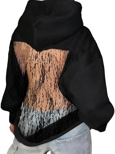 Angxiwan Backless Mesh Hoodie Women See Through Back Mesh Long Sleeve Tops Breathable Back Hollow Out Hooded Pullover With Pocket Oversized Transparent Y2K Streetwear Party Clubwear b