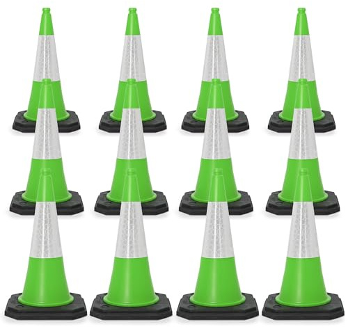 Street Solutions UK Green Traffic Cones 750mm Pack of 12 - Heavy Duty Road Cones Large, Wind Resistant High Reflectivity No Parking Cones