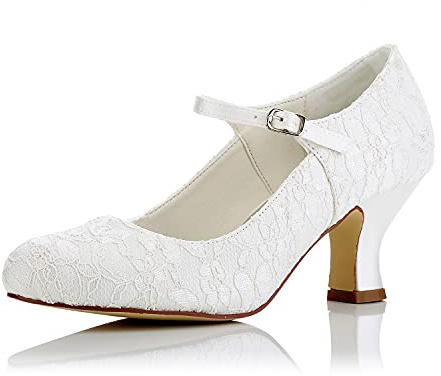 JIAJIA 11016 Kvinnor Brudskor Stängt Toe 6,2cm Block Mid Heel Satin Pumps Bröllopskor Färg Elfenben,Storlek 41 EU (7 UK)