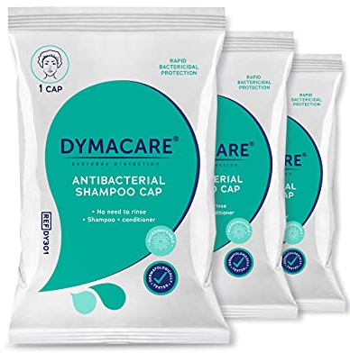 DYMACARE Antibacterial No Rinse Shampoo Cap | Rinse Free Shower Cap That Shampoos & Conditions | PH Balanced Waterless Hair Wash | 3 Caps