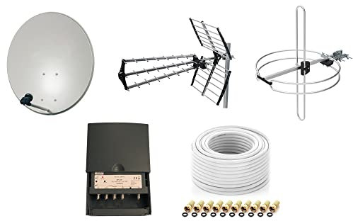 Kit Parabole Sat 80 cm Acier + Antenne TNT Trinappe 18dB + Antenne Omni Dab FM + Coupleur TER & Sat 4 Entrées, FM, Dab-VHF, UHF, Sat + LNB Single 0,1dB + Câble Coaxial Satellite 20m + 10 Fiches F Or