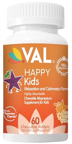 VAL Magnesium for Kids | High-Absorption Magnesium for Calm, Relaxation & Focus | Mg Glycinate, Citrate & Taurate | with Vitamin B6, D & C | Sugar-Free, Non-GMO | 60 Chewable Tablets