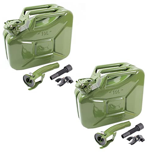 2er Set Benzinkanister aus lakiertem Metall 10 Liter Fassungsvermögen Oliv inkl. Ausgießern und Haltern