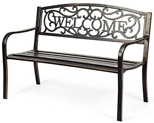 RELAX4LIFE Panchina da Esterno a 2-3 Posti, Panca da Giardino in Metallo con Schienale a Design Vuoto-intagliato e Braccioli, Stile Antico per Cortile/Parco, Max 320 kg, 127x63x86cm (Modello 10)