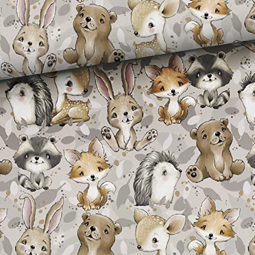 Tissus à coudre pour enfants, 100% coton, non vendus au mètre : 1 m de tissu coton premium avec des animaux de la forêt - renard ours cerf hérisson blaireau lapin raton laveur