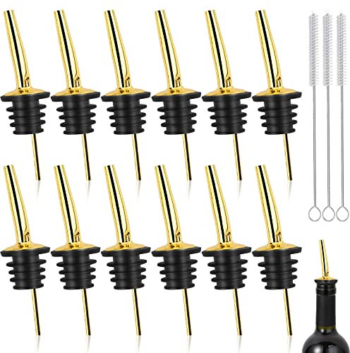 GZLCEU Lot de 12 becs verseurs de bouteille, bec verseur en acier inoxydable avec 3 brosses de nettoyage pour vin, eau-de-vie, whisky, cocktails, huile d'olive, café (175 x 30 x 5 mm)