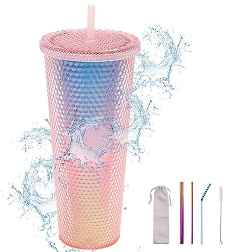 Cresbel Nieten Becher mit Deckel und Strohhalm, 710ml Wiederverwendbarem Doppelwandiger Plastik Trinkbecher, Kaltbecher, Kunststoff Trinkbecher, Reisebecher für Eiskaffee oder Wasser to Go(Rosa)