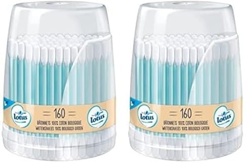 Lotus Coton-tiges en papier et Coton Bio - Boîte de 160 Bâtonnets - Bleu ou Rose (Lot de 2)