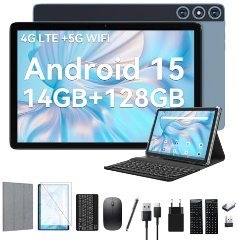 FEONAL Android 15 Tablet 10 Zoll, 4G LTE Tablets Mit 2 SIM 1 SD Slot, 5G WiFi Tablets PC Mit 14GB+128GB(1TBTF), 3-in-1 Tablet Mit Tastatur Maus-Octa-core, 1080FHD, 13MP+8MP, 7000mAh,GPS/OTG-Blau