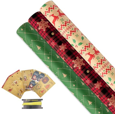 Lot de 3 rouleaux de papier cadeau kraft de 43 cm x 6 m avec étiquettes et ruban, convient pour Noël, anniversaire, fête, mariage, fête prénatale, festival