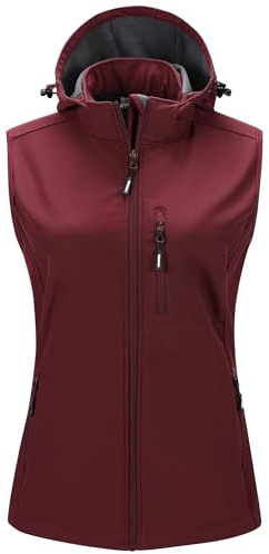 Outdoor Ventures Dam softshell västar med huva lätt fleecefodrad ärmlös jacka vattentät vindtät väst väst med dragkedja up-fickor, Mörkröd, XXL