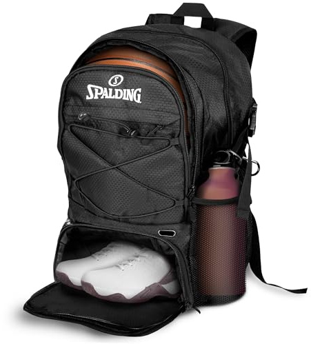 Spalding Basketball Rucksack - Sporttasche Schwarz mit Ball- und Schuhfach - Basketball Zubehörtasche