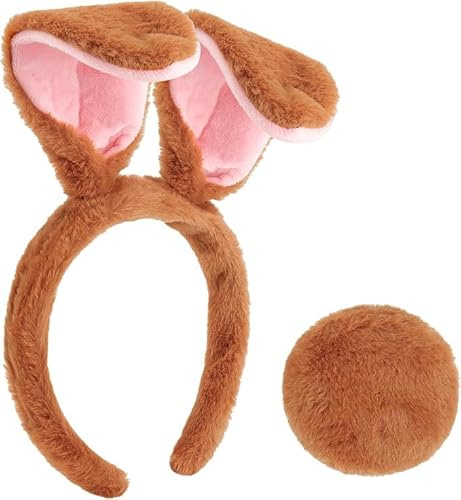 Niltracy Diadema de orejas de conejo de Pascua y cola de conejo, orejas de conejo para disfraz de conejo, orejas de conejo flexibles para mujeres y niñas (marrón)
