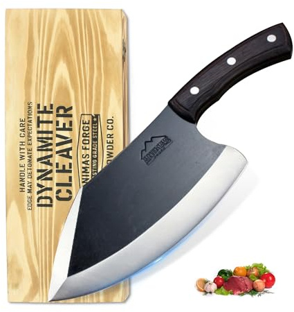 Animas Forge Dynamite Cleaver Meat Cleaver Knife Heavy Duty High Carbon Steel Butcher Knife Desert Hardwood Handle Full Tang BBQ Meat Cutting Butchering Kitchen Cooking Outdoor Camp Bone Chopping Prep