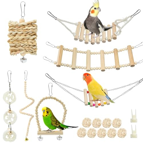 VGECEE 19PCS Jouet pour Oiseaux en Cage, Jouets en Bois Naturel Suspendus, Hamac, Échelle en Bois, Jouets à Mâcher pour Oiseaux, Accessoire de Cage à Oiseau pour Perruches et Inséparables