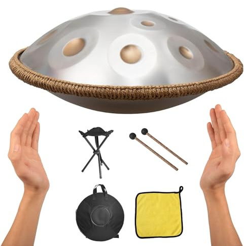 Handpan för Vuxna 22 Tum, Handpan av Premium Stål 432Hz 440Hz med 9/10/12 Noter, Handtrumma med Väska, Klubbor & Stativ(Silver,432HZ/10Note)
