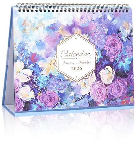 Calendario da Tavolo 2026 Mensile da Gennaio a Dicembre 2026 Grande Formato 255x240 mm con Eleganti Fiori Viola sulla Copertina per Ufficio Scuola e Casa come Pratico Planner o Regalo