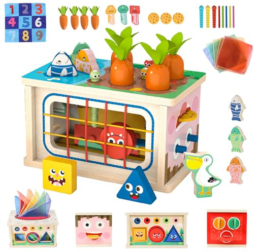 Juguetes Montessori 1 Años para Niños, 9 en 1 Juguetes de Madera Cubo de Actividades, Juego Educativo con Pesca, Zanahorias, Tirar del Papel, Juguete de Clasificación, Regalo Cumpleaños 1 2 3 Años