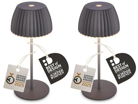 BRILONER - Uppsättning av 2 Riffle LED trådlösa minibordslampor IP44 med ljuskant, 8,5 x 20 cm, touch-dimmer, skrivbord, uppladdningsbar, tysk designpris 2025, antracit