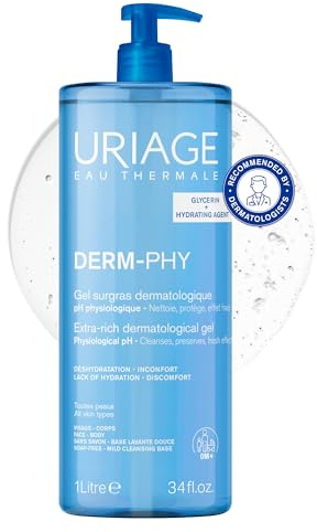 Uriage Derm-Phy Extra-Rich Dermatological Cleansing Gel 1L - Fresh Face, Body Foaming Cleanser - Sensitive, Dry Skin - Hydrates, Preserves the Hydrolipidic Film - Paraben, Soap-Free - Physiological pH