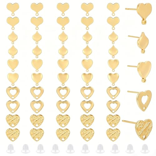 CRAFTYMELODY Lot de 50 boucles d'oreilles en forme de cœur - 5 styles - Pièces de fixation - En acier inoxydable - Avec œillet doré - Pièces de fixation