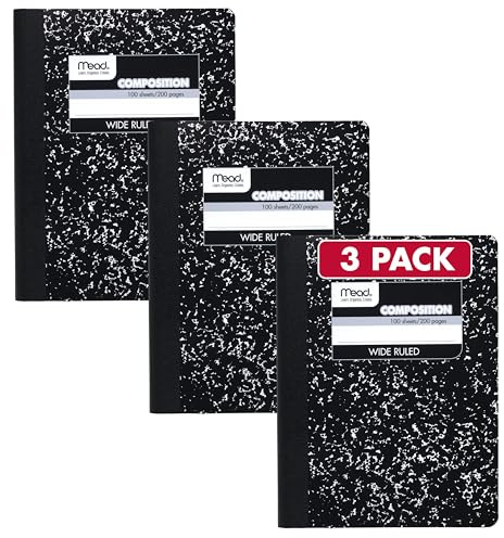 Mead Composition Notebook, 3 Pack, Wide Ruled Paper, 7-1/2 x 9-3/4, 100 Sheets per Comp Book, Black Marble (38301)