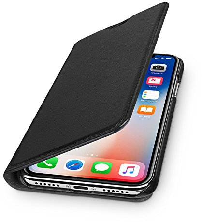 WIIUKA Echt Ledertasche - TRAVEL - für Apple iPhone X und XS mit Kartenfach, kabelloses Laden Qi, extra Dünn, Tasche Schwarz, Leder Hülle kompatibel mit iPhone X/XS