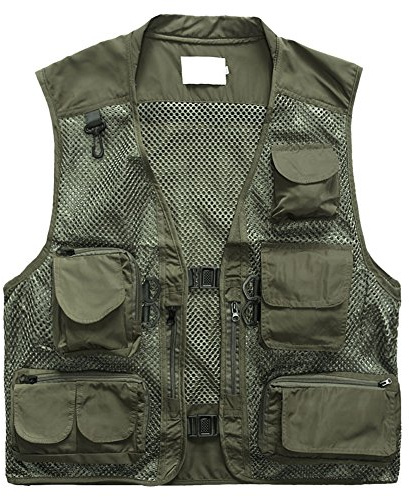 Phorecys Mens Outdoor Casual Hollow Out Thin Multi-pockets Stand Collor Hooded Outerwear Camping Hunting Fishing Photography Vests Gilet Green UK XL-Label 2XL