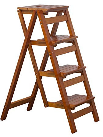 Solid Wood Folding 4 Steps Ladders Stools, Household Portable Stepladder Stairway Chairs Multifunction Wooden Ladder Shelf for Kitchen/Office/Library