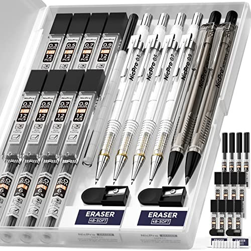 Nicpro 6 Stück Druckbleistifte Set, Mechanische Bleistifte 0,3, 0,5, 0,7, 0,9 e 2 Stück 2mm Fallminenstift mit 12 Dosen Bleistiftminen (2B HB 2H 4B),Radiergummis Anspitzer Etui für Schreiben, Zeichnen