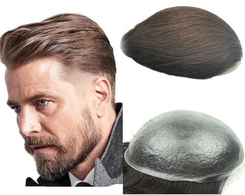 N.L.W. Parrucca Uomo PU Toupet Pezzi di Capelli Umani Europei per Gli Uomini Sostituzione dei Capelli Sistema 8×10 Pollici Parrucche 0.06 Centimetri di Spessore Uomini Parrucca in Marrone Chiaro