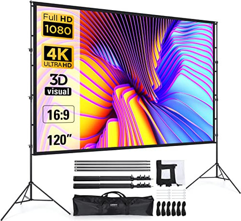 Beamer Leinwand 120 Zoll mit Faltbarem Standfuß, LEORFI Outdoor-Indoor Projektionswand HD 16:9, Tragbare Filmleinwand mit Tragetasche, Höhenverstellbar, für Camping und Heimkino
