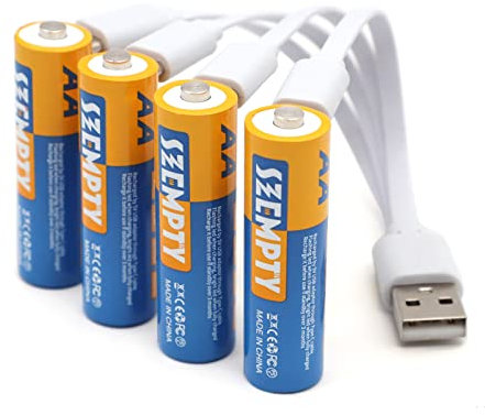 SZEMPTY Lithium Rechargeable Batteries AA, 1.5V Li-ion USB AA Battery 2600mWh with 4 in 1 Type C Charging Cable,Quick Charge in 2 hours, Pack of 4