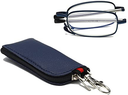 Hubeye Folding Reading Glasses with Keychain Compact Bags Men Women Blue Light Blocking Spring Hinge Portable Pocket Readers 3.00