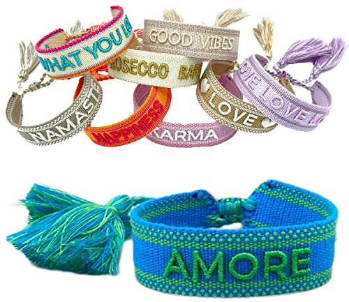 LS-LebenStil Exklusives Statement Armband - das Original - Amore Blau Grün 16-20cm Quasten besticktes Boho Canvas Webarmband Damen Freundschaftsarmband Geschenk gewebt textil Stoffarmband