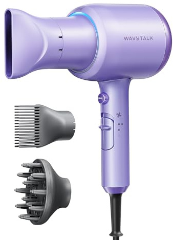 Wavytalk Blow Dryer with Diffuser, Blown Away Ionic Hair Dryer for Curly Hair with Comb, 1875W Fast Drying Blow Dryer with Ceramic Technology, 3 Attachments for All Hair Types, Light and Quiet, Purple