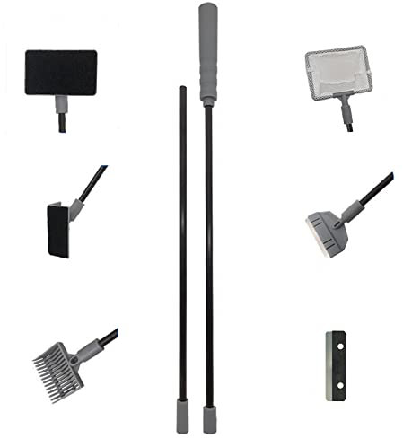Aquarium Reinigungsset 5 in 1 Aquarium Reinigungswerkzeug mit langem Stab, Algenschaber, Kies-Rechen, rechtwinkliger Schwamm, Flachschwamm, Fischernetz