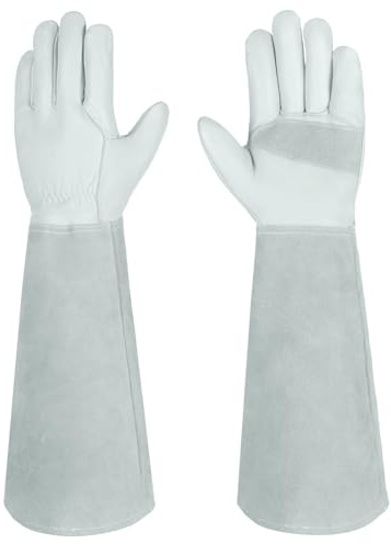 Velway Guantes de Trabajo de Cuero para Jardinería - Guantes Largos Resistentes a Las Espinas con Forro de Algodón Transpirable para Hombres y Mujeres Multiusos Jardín Mecánico Construcción - Gris 9/L
